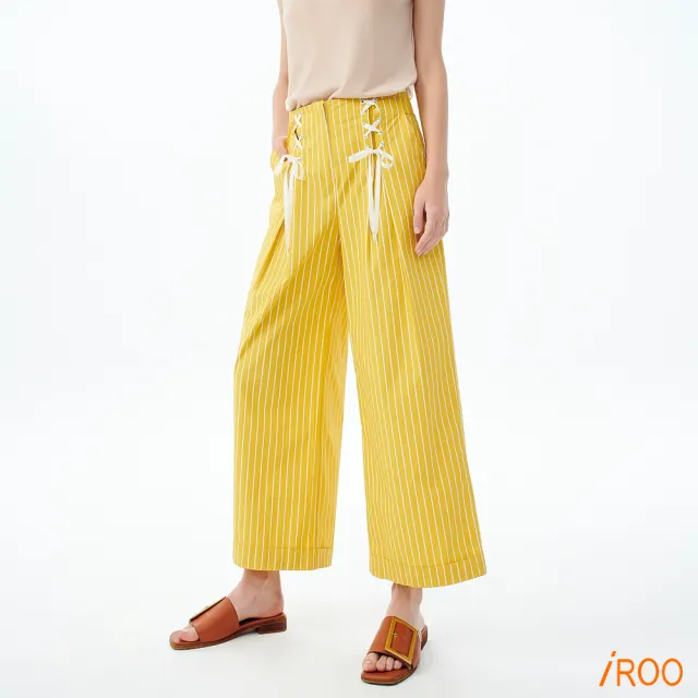 【iROO】條紋印花棉料寬褲