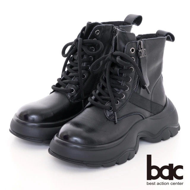 bacbac 皮革綁帶造型厚底休閒短靴(黑色)