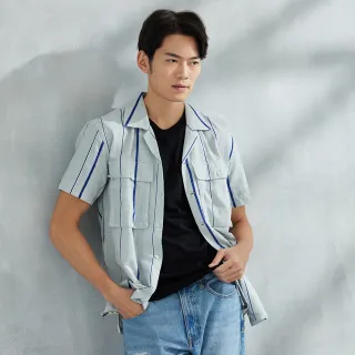 【JEEP】男裝 休閒條紋短袖襯衫(淺灰藍)