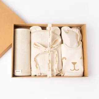 【Gennies 奇妮】彌月禮盒 恬睡小兔好眠禮盒4件組(包巾+寶寶帽+圍兜+肚圍)