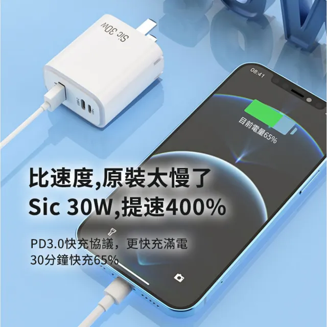 【Sic】30W PD快充三孔充電器 蘋果支援反向充電頭  iPhone15旅充豆腐頭