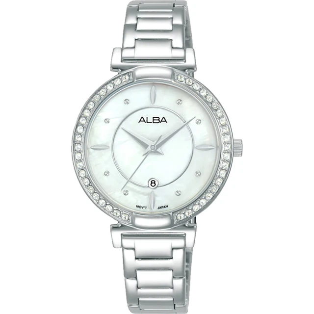 ALBA 雅柏官方授權A1 時尚珍珠貝晶鑽女腕錶-銀-31MM(AH7BF7X1)