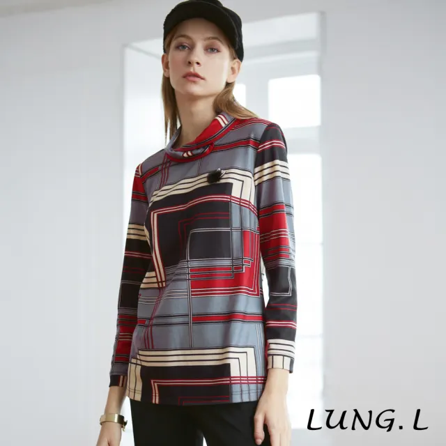 【LUNG.L 林佳樺】LN68A 紅灰黑大格紋印花小高領長版長袖女裝上衣(女裝)