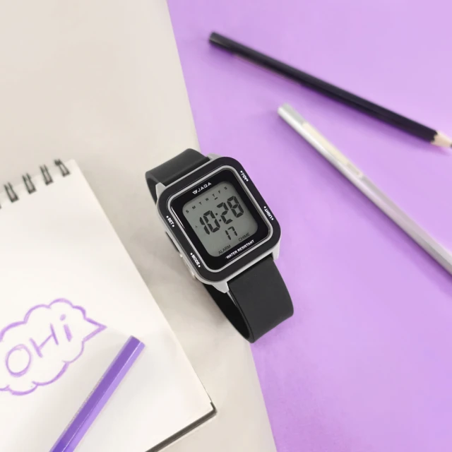 【JAGA 捷卡】方型電子 計時 鬧鈴 冷光照明 矽膠手錶 黑灰色 36mm(M1232-A)