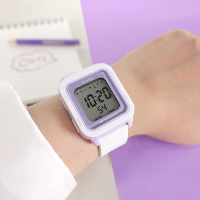 【JAGA 捷卡】方型電子 計時 鬧鈴 冷光照明 矽膠手錶 白紫色 36mm(M1232-DJ)