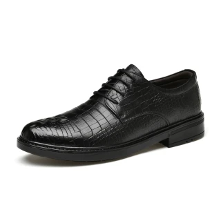 【ANSEL】真皮皮鞋 紳士鞋/全真皮頭層牛皮鱷魚皮紋繫帶造型紳士皮鞋-男鞋(黑)