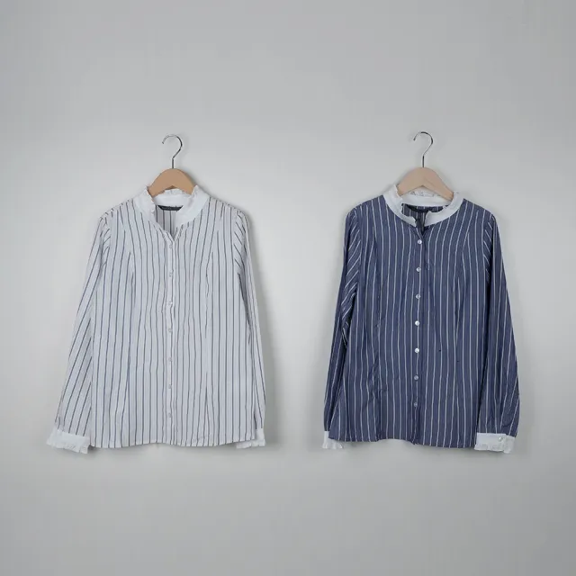 【MASTINA】棉質立領荷葉條紋正裝長袖襯衫(藍 白/魅力商品)