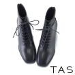 【TAS】方頭中線羊皮綁帶粗高跟短靴(黑色)