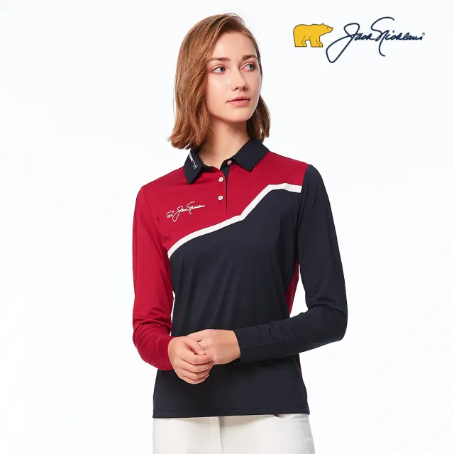 【Jack Nicklaus 金熊】GOLF女款彈性吸濕排汗配色POLO/高爾夫球衫(紅色)