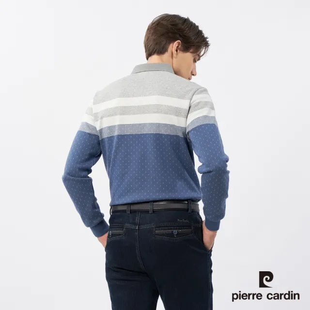 【pierre cardin 皮爾卡登】休閒服飾 男款 仿棉雙面緹花格子長袖polo衫-灰色(5235201-95)