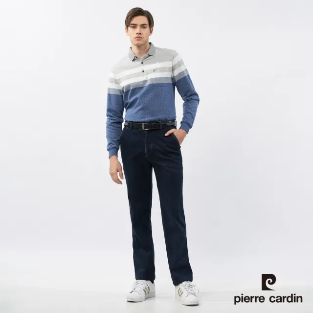 【pierre cardin 皮爾卡登】休閒服飾 男款 仿棉雙面緹花格子長袖polo衫-灰色(5235201-95)