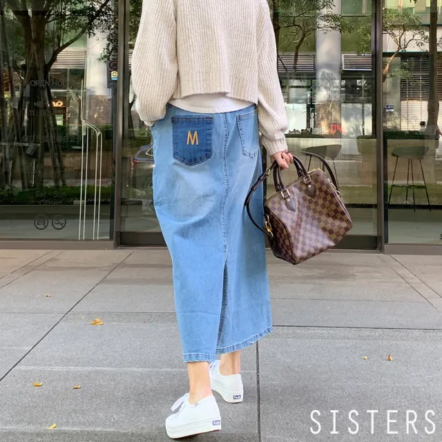 【SISTERS】口袋拼接復古水洗牛仔裙 長裙(裙裝/女長裙/裙子/顯瘦/女裙子/加大/丹寧)