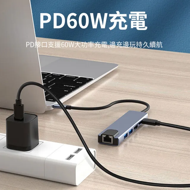 【YOLU】6合1 Type-C多功能PD快充HUB集線器 HDMI網卡轉接器 傳輸擴充轉接頭(for macbook/Surface/ipad)