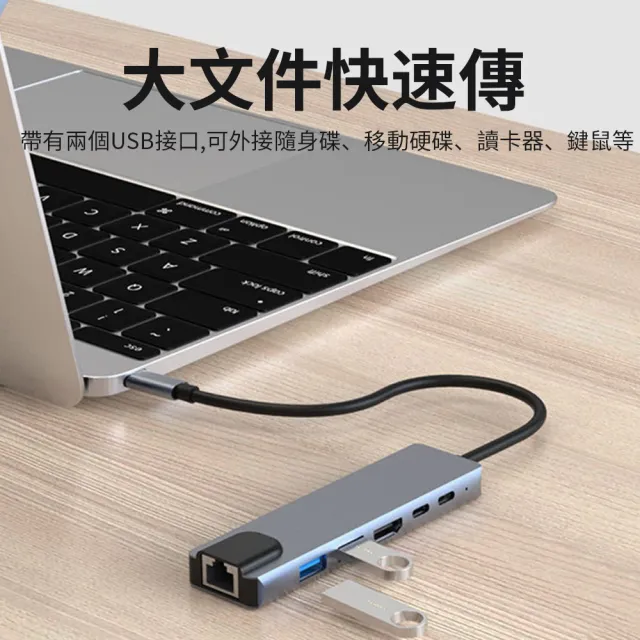 【YOLU】6合1 Type-C多功能PD快充HUB集線器 HDMI網卡轉接器 傳輸擴充轉接頭(for macbook/Surface/ipad)