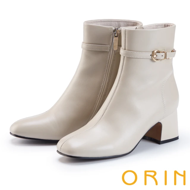 ORINORIN 真皮釦帶金屬環羊皮粗跟短靴(米白)