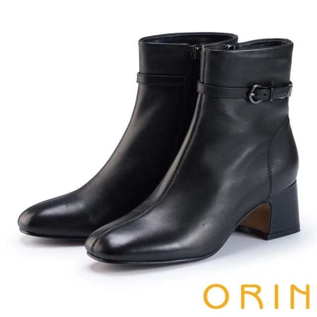 ORINORIN 真皮釦帶金屬環羊皮粗跟短靴(黑色)