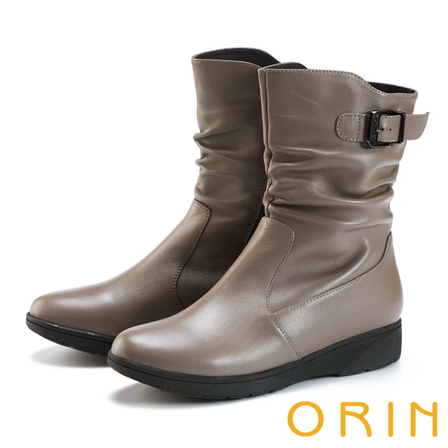 ORIN 真皮抓皺皮釦拉鍊厚底中筒靴(可可灰)品牌優惠