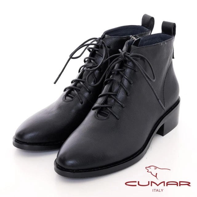 CUMAR 溝紋底方頭綁帶厚底短靴(黑色)好評推薦