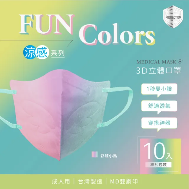 【HC浩城-Fun Colors-漸層款 10片/盒-單片包裝】3D涼感口罩 KN95(1秒變小臉 台灣製造 醫療級)