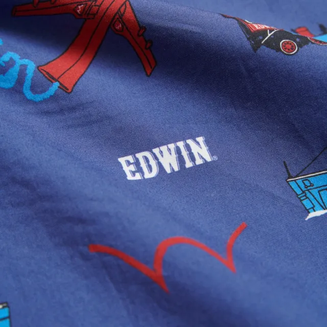 【EDWIN】男裝 插畫花布古巴短袖襯衫(藍色)