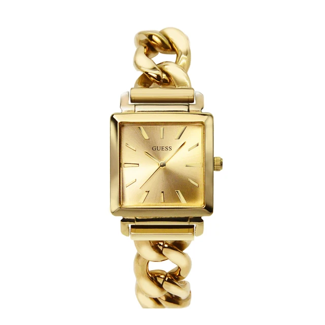 GUESS 金色系 時尚方型腕錶 牛仔鍊式不鏽鋼錶帶 女錶(