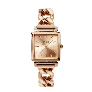【GUESS】玫瑰金色系 時尚方型 牛仔鍊式不鏽鋼錶帶 手錶 女錶 母親節(W1029L3)