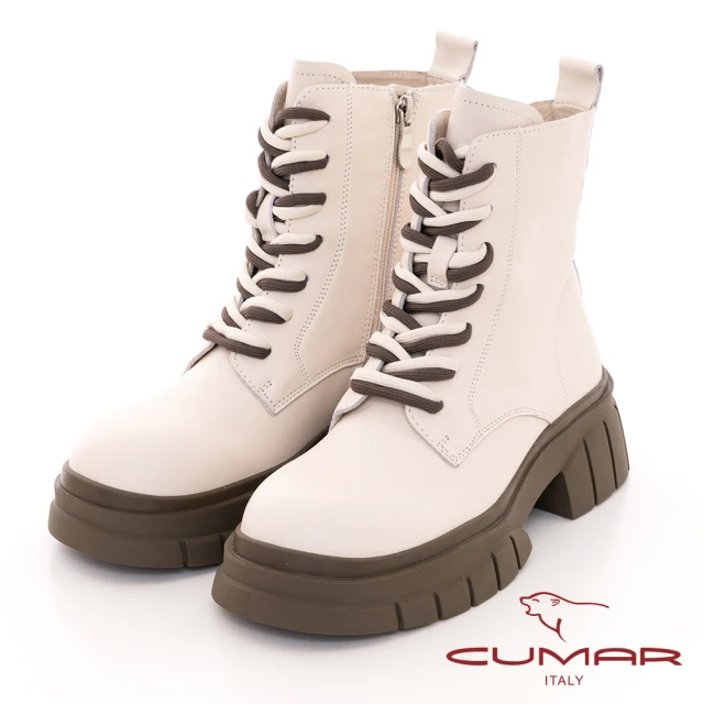 【CUMAR】溝紋底方頭綁帶厚底短靴(米白色)