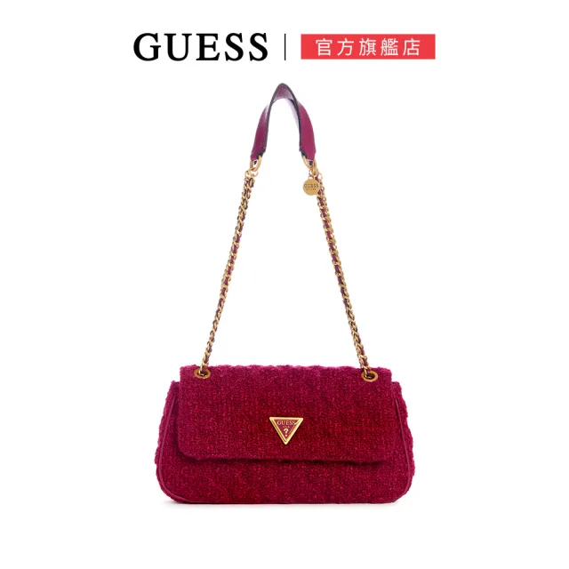 【GUESS】毛呢金屬LOGO皮鍊肩背包(桃紅)