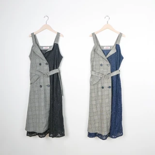 【CUMAR】格紋&蕾絲異素材拼接背心無袖洋裝(藍 咖)