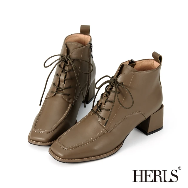HERLSHERLS 短靴-復古全真皮綁帶造型方頭粗跟踝靴短靴(咖綠色)