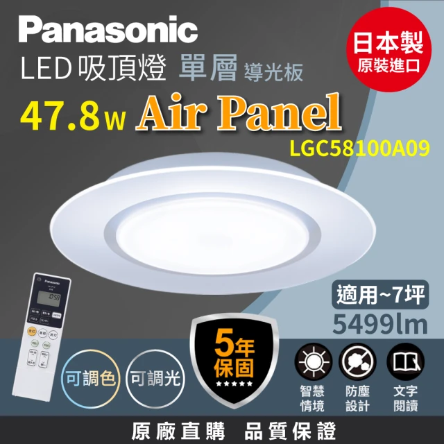 Panasonic 國際牌 日本製5-7坪 47.8W調光調色LED吸頂燈 Air Panel 單層導光板(LGC58100A09 五年保固)