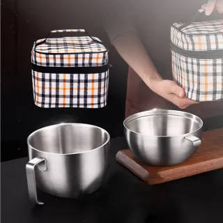 【新錸家居】法蘭克福304不鏽鋼泡麵碗飯湯碗便當盒雙層款- 送保溫提袋(帶手把大容量中空隔熱防燙)