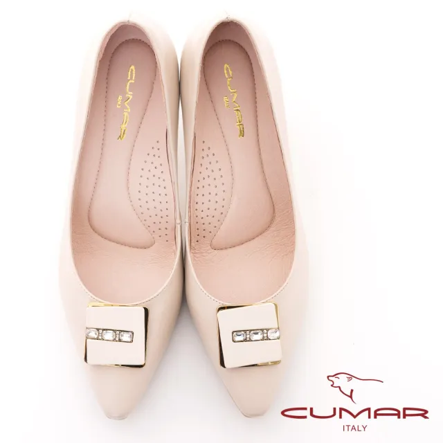 【CUMAR】尖頭方型飾釦高跟鞋(米白色)