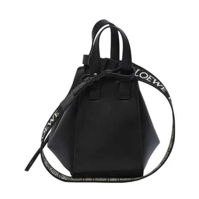 【LOEWE 羅威】Compact Hammock 小型 緹花背帶 緞面小牛皮 吊床包 肩背包 手提包 黑色『entrupy安心購』