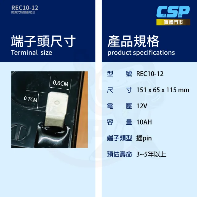 【CSP】YUASA湯淺REC10-12高性能密閉閥調式鉛酸電池12V10Ah(不漏液 免維護 高性能 壽命長)