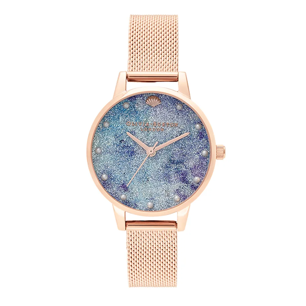 【Olivia Burton】Under The Sea系列-貝殼珍珠閃耀藍紫面不鏽鋼玫金殼米蘭帶腕錶(OB16US44)