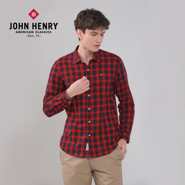 JOHN HENRY 經典口袋格紋長袖襯衫-紅色品牌優惠