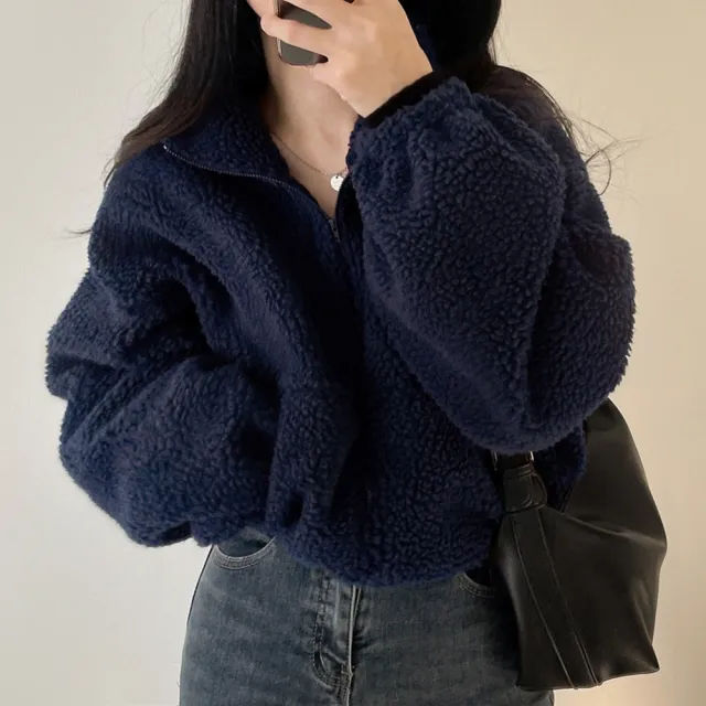 【D.studio】韓版立領寬鬆內刷毛慵懶風毛毛外套(上衣 女裝 衣服 外套 長袖上衣 J242)