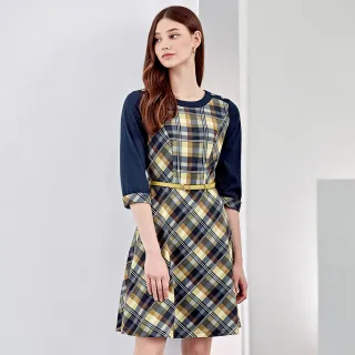 【ILEY 伊蕾】經典高雅格紋拼接跳色腰帶棉質洋裝(深藍色；M-XL；1223077242)