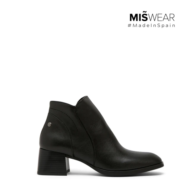 【MISWEAR】黑色真皮淺V口低跟靴(歐美個性時尚)