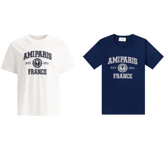 【AMI PARIS】經典愛心刺繡LOGO 白色 深藍色 棉質 圓領 短袖 T-SHIRT 上衣(HTS008726100/491)
