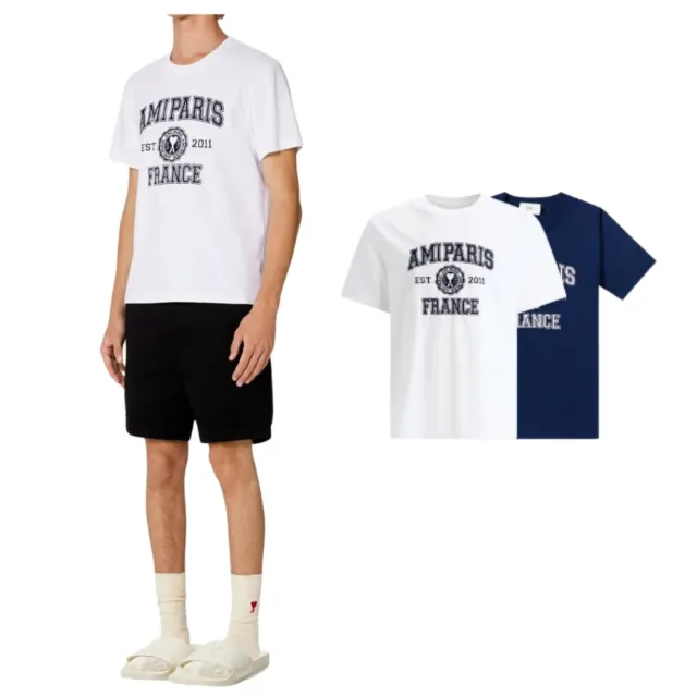 【AMI PARIS】經典愛心刺繡LOGO 白色 深藍色 棉質 圓領 短袖 T-SHIRT 上衣(HTS008726100/491)