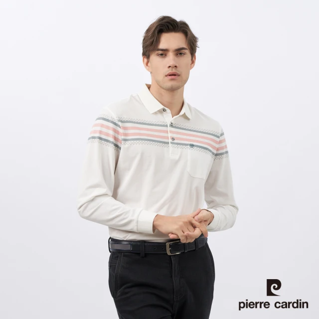 pierre cardin 皮爾卡登 商務休閒 男款 棉質混紡定位條長袖POLO衫-白色(5235298-90)