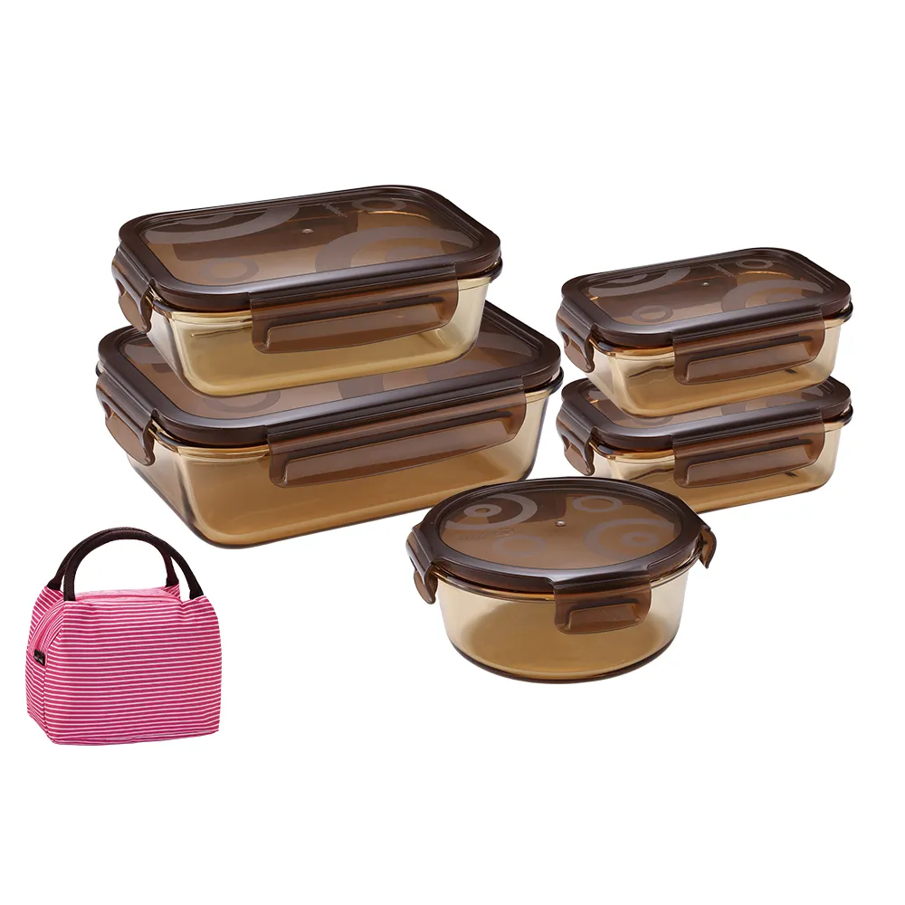 【CorelleBrands 康寧餐具】琥珀色耐熱玻璃保鮮盒超值5件組(贈提袋)
