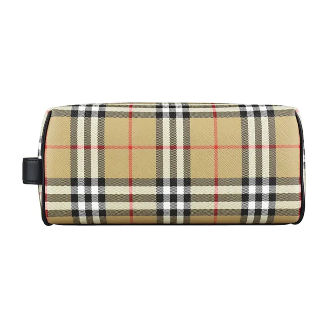 【BURBERRY 巴寶莉】BURBERRY 格紋LOGO PVC拉鍊手拿旅行收納包(典藏米)