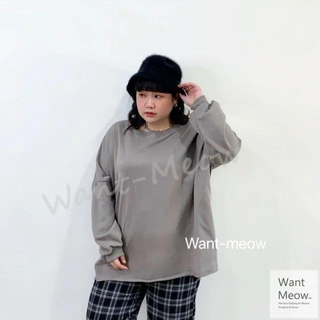 【Want-Meow】獨家台灣製/100公斤可穿/多色寬鬆圓領口袋澎袖大學T(長袖上衣/大碼/大尺碼/加大碼/孕婦裝)