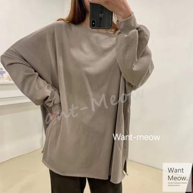 【Want-Meow】獨家台灣製/100公斤可穿/多色寬鬆圓領口袋澎袖大學T(長袖上衣/大碼/大尺碼/加大碼/孕婦裝)