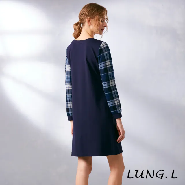 【LUNG.L 林佳樺】LN57H 藍色長袖洋裝袖子拼接格紋(女裝 洋裝)