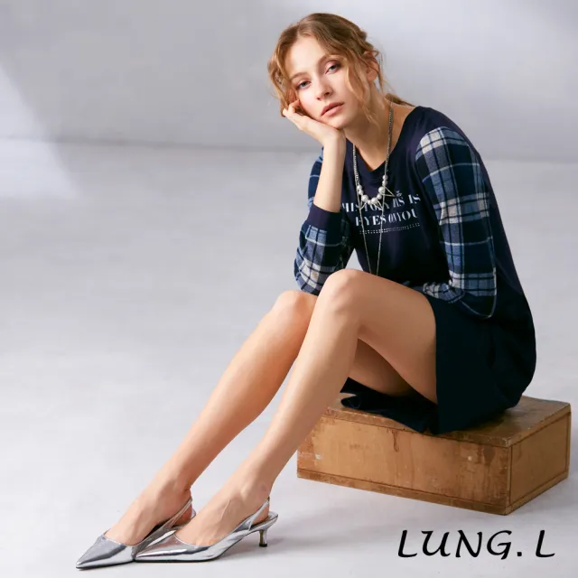 【LUNG.L 林佳樺】LN57H 藍色長袖洋裝袖子拼接格紋(女裝 洋裝)