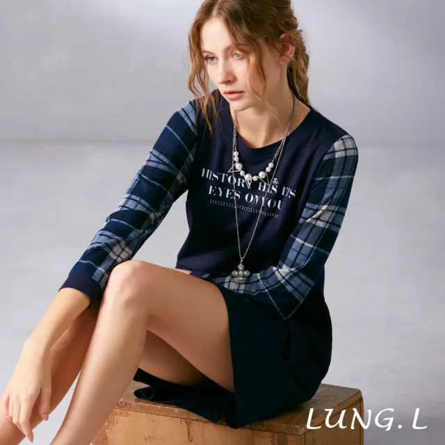 【LUNG.L 林佳樺】LN57H 藍色長袖洋裝袖子拼接格紋(女裝 洋裝)